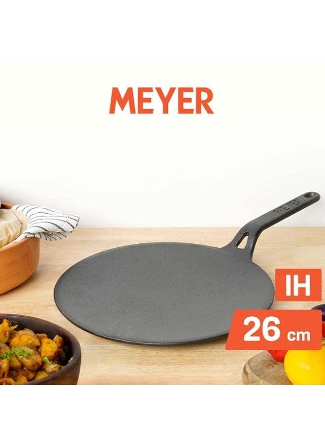 Meyer Pre-Seasoned Cast Iron Roti/Chapati/Dosa Tawa Pan with Stick Handle, Dosa Kallu, Iron Tawa Big Size | Pre-Seasoned Cast Iron Cookware | Gas Stovetop Compatible | 26cm, Black - Image 2