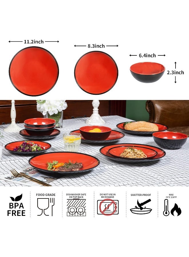 Webbylee طقم أدوات المائدة من الميلامين 12 قطعة للاستخدام الداخلي والخارجي أطباق وأوعية لطقم 4 تصميم ثنائي اللون آمن في غسالة الصحون أحمر وأسود - Image 4