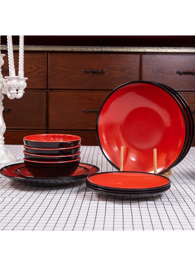 Webbylee طقم أدوات المائدة من الميلامين 12 قطعة للاستخدام الداخلي والخارجي أطباق وأوعية لطقم 4 تصميم ثنائي اللون آمن في غسالة الصحون أحمر وأسود - Image 3