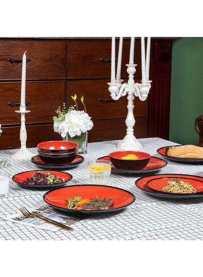 Webbylee طقم أدوات المائدة من الميلامين 12 قطعة للاستخدام الداخلي والخارجي أطباق وأوعية لطقم 4 تصميم ثنائي اللون آمن في غسالة الصحون أحمر وأسود - Image 2