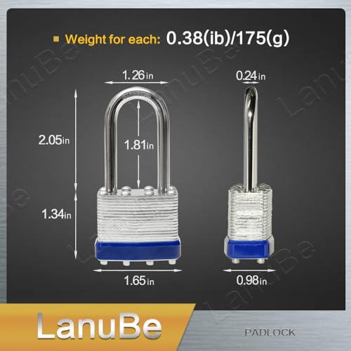 LanuBe Lock Laminated Steel Keyed Padlock,Keyed Alike Locks, Long Shackle Padlock,Pack of 12 - Image 2