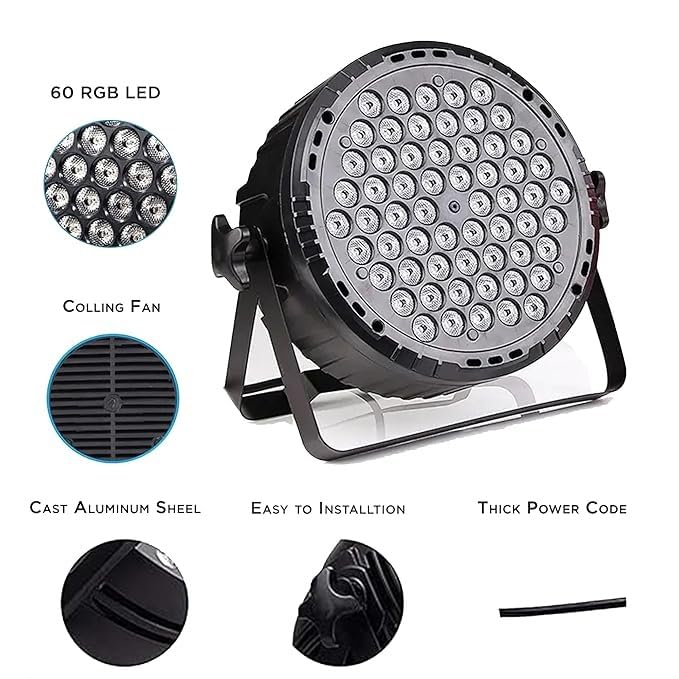 HEADLY LED Par Stage Light, 60 RGB LEDs, DJ Party Lighting with Easy Setup Mount, Black - Image 2