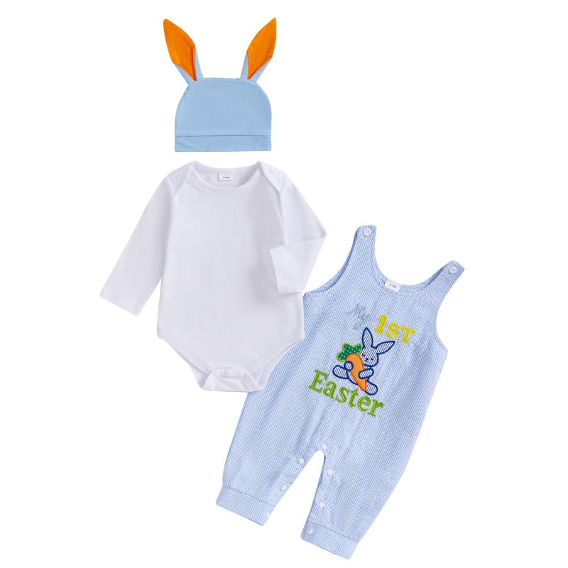 LAGKIYOJ My First Easter Baby Boy Outfit Bunny Embroidery Farm Romper Plaid Overall Ears Hat Newborn Baby Easter Clothes (White, 3-6 Months) - Image 1