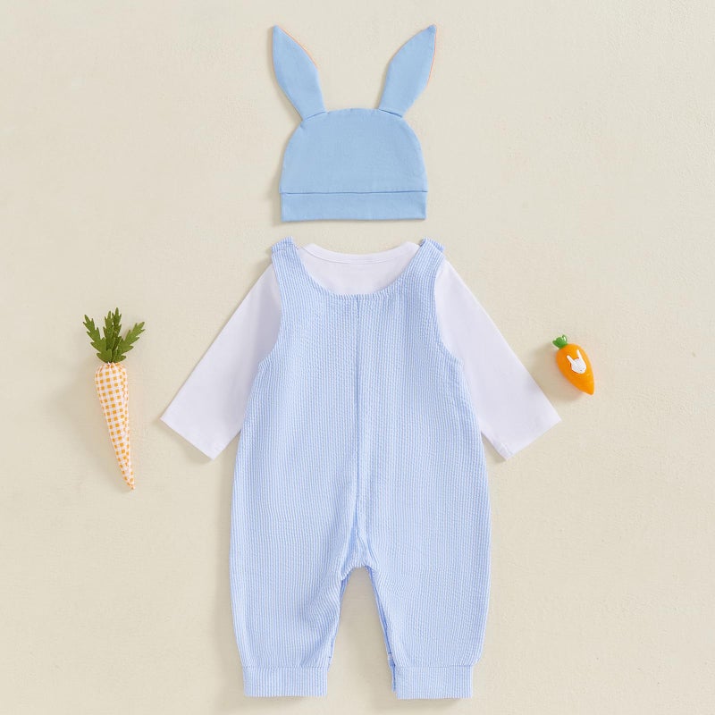 LAGKIYOJ My First Easter Baby Boy Outfit Bunny Embroidery Farm Romper Plaid Overall Ears Hat Newborn Baby Easter Clothes (White, 3-6 Months) - Image 4