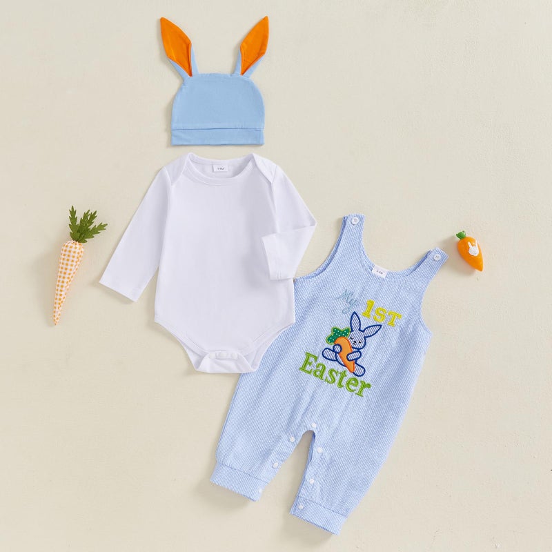 LAGKIYOJ My First Easter Baby Boy Outfit Bunny Embroidery Farm Romper Plaid Overall Ears Hat Newborn Baby Easter Clothes (White, 3-6 Months) - Image 2