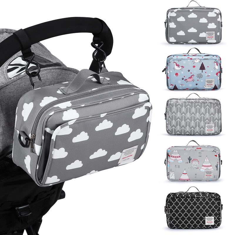 Small Diaper Bag Stroller Organizer Bags for Baby with Insulated Pocket Stroller Hooks and Adjustable StrapUniversal Mini Diaper Tote Bags Fit All Strollers Gray
