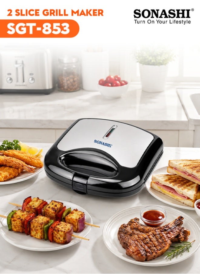 SONASHI 2 Slice Grill Maker – Non-Stick, Stainless Steel Sandwich Maker with Handle Locking System, Indicator Light, Overheat Protection 750 W SGT-853 Black/Silver 750 W SGT-853 Black/Silver - Image 1