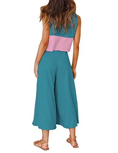 ROYLAMP Women's Summer 2 Piece Outfits Crop Top Cropped Wide Leg Pants Set Business Petite Jumpsuits Contrast Blue M - Image 4