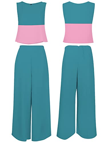 ROYLAMP Women's Summer 2 Piece Outfits Crop Top Cropped Wide Leg Pants Set Business Petite Jumpsuits Contrast Blue M - Image 5