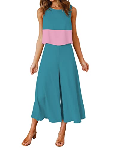 ROYLAMP Women's Summer 2 Piece Outfits Crop Top Cropped Wide Leg Pants Set Business Petite Jumpsuits Contrast Blue M - Image 1