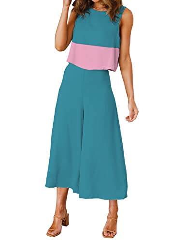 ROYLAMP Women's Summer 2 Piece Outfits Crop Top Cropped Wide Leg Pants Set Business Petite Jumpsuits Contrast Blue M - Image 2
