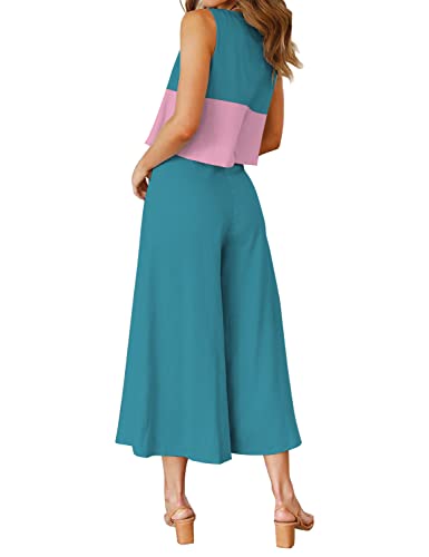 ROYLAMP Women's Summer 2 Piece Outfits Crop Top Cropped Wide Leg Pants Set Business Petite Jumpsuits Contrast Blue M - Image 3