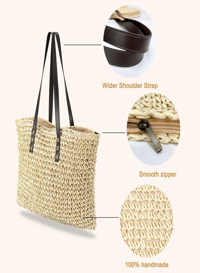 VODIU Women's Handmade Straw Woven Tote Bag,Large Zip Beach Woven Handbag for Summer - Image 5