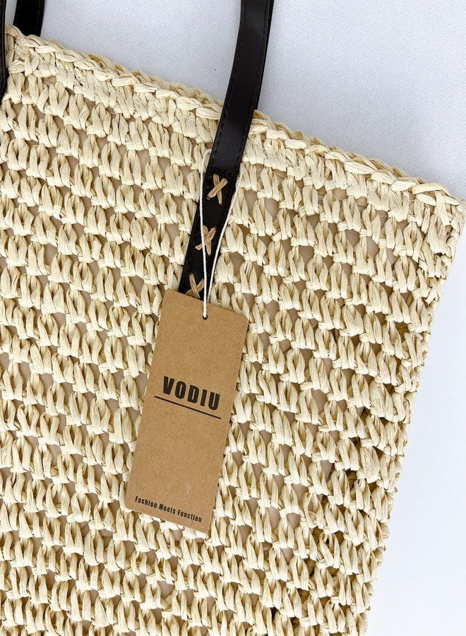 VODIU Women's Handmade Straw Woven Tote Bag,Large Zip Beach Woven Handbag for Summer - Image 2