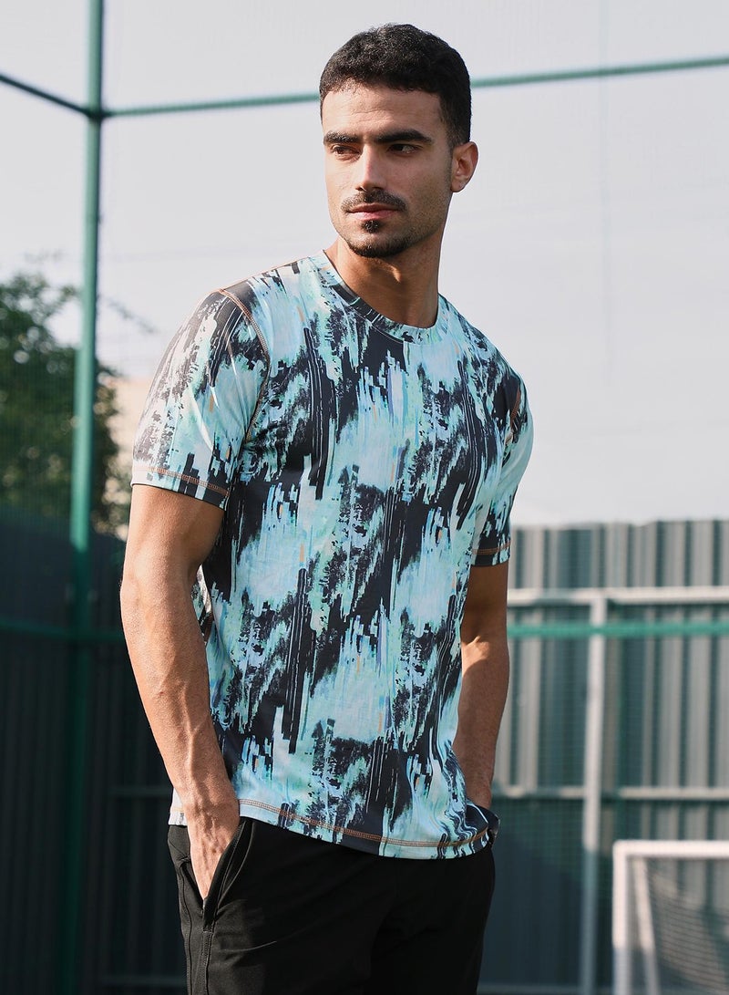 Campus Sutra Campus Sutra Men's Baby Blue & Charcoal Black Abstract-Brush Activewear T-Shirt For Casual Wear | Crew Neck | Short Sleeves | Jersey T-Shirt Crafted With Comfort Fit For Everyday Wear  - Image 3