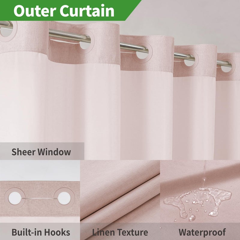 eachope No Hooks Needed Linen Textured Shower Curtain with Snap-in Fabric Liner Set,Blush Hotel Luxury Decor Shower Curtains for Bathroom with Mesh Top Window,Waterproof & Washable,71Wx74H - Image 4