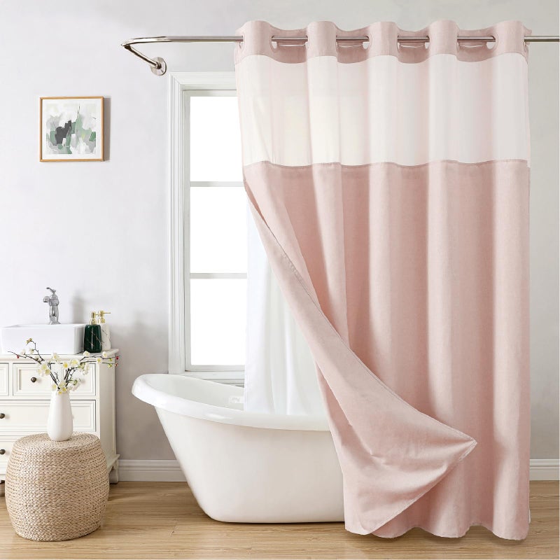 eachope No Hooks Needed Linen Textured Shower Curtain with Snap-in Fabric Liner Set,Blush Hotel Luxury Decor Shower Curtains for Bathroom with Mesh Top Window,Waterproof & Washable,71Wx74H - Image 1