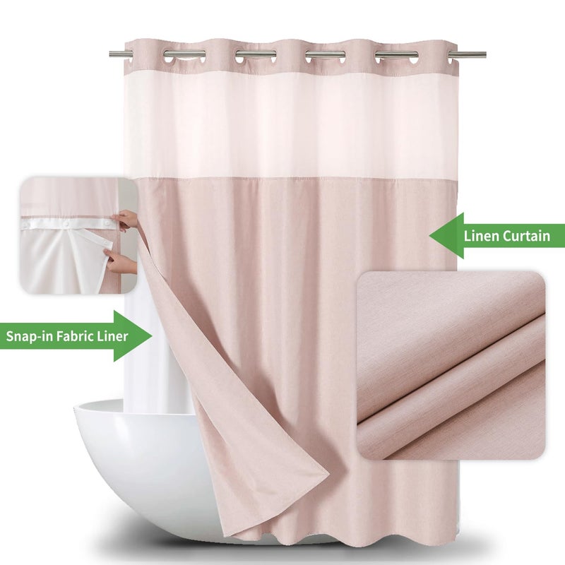 eachope No Hooks Needed Linen Textured Shower Curtain with Snap-in Fabric Liner Set,Blush Hotel Luxury Decor Shower Curtains for Bathroom with Mesh Top Window,Waterproof & Washable,71Wx74H - Image 2