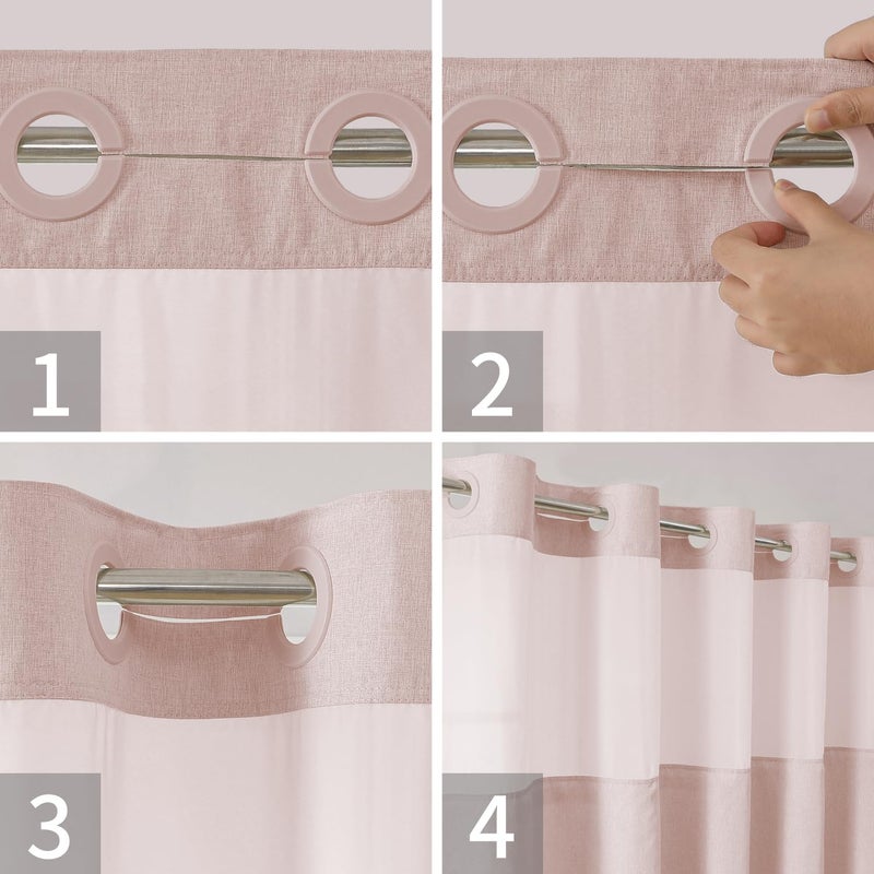 eachope No Hooks Needed Linen Textured Shower Curtain with Snap-in Fabric Liner Set,Blush Hotel Luxury Decor Shower Curtains for Bathroom with Mesh Top Window,Waterproof & Washable,71Wx74H - Image 5