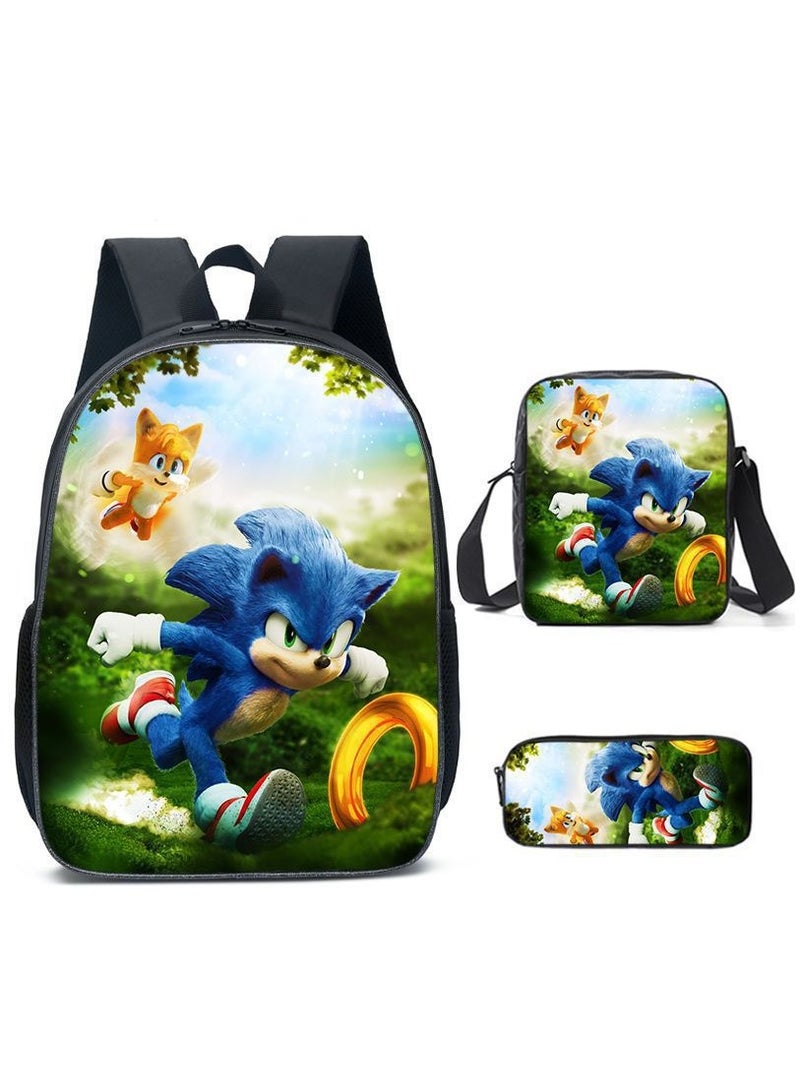 Sonic student large capacity backpack three piece set, anime cartoon backpack, shoulder bag pen bag