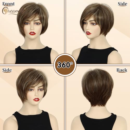 creamily باروكة شعر قصيرة بيكسي للنساء بلون بني كريمي للرأس بالكامل، باروكة نسائية صناعية بطبقات مع غرة بمظهر طبيعي، باروكة بيكسي بقصة بني ممزوج بالأشقر للنساء للاحتفال بالديوالي/الحفلات/الاستخدام اليومي (9 بوصات) - Image 4