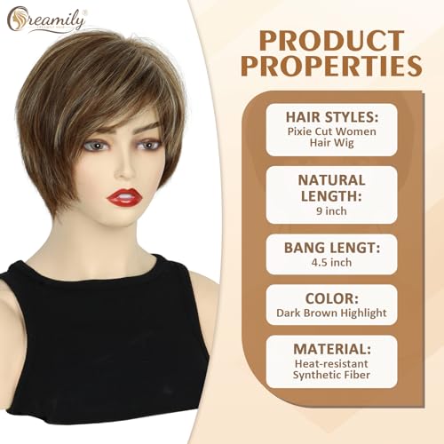 creamily باروكة شعر قصيرة بيكسي للنساء بلون بني كريمي للرأس بالكامل، باروكة نسائية صناعية بطبقات مع غرة بمظهر طبيعي، باروكة بيكسي بقصة بني ممزوج بالأشقر للنساء للاحتفال بالديوالي/الحفلات/الاستخدام اليومي (9 بوصات) - Image 2