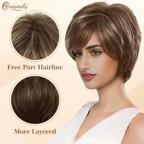 creamily باروكة شعر قصيرة بيكسي للنساء بلون بني كريمي للرأس بالكامل، باروكة نسائية صناعية بطبقات مع غرة بمظهر طبيعي، باروكة بيكسي بقصة بني ممزوج بالأشقر للنساء للاحتفال بالديوالي/الحفلات/الاستخدام اليومي (9 بوصات) - Image 5