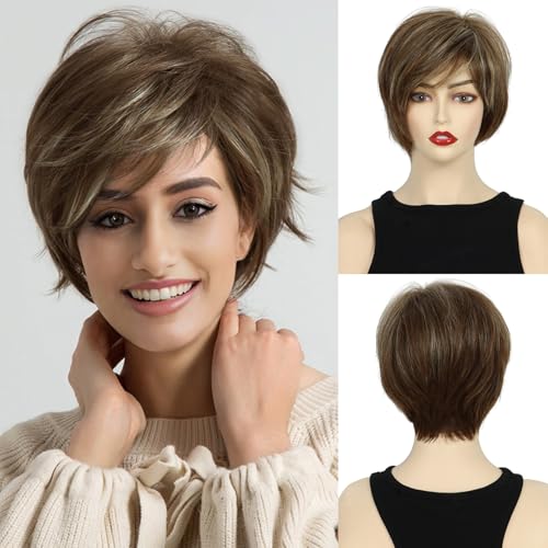 creamily باروكة شعر قصيرة بيكسي للنساء بلون بني كريمي للرأس بالكامل، باروكة نسائية صناعية بطبقات مع غرة بمظهر طبيعي، باروكة بيكسي بقصة بني ممزوج بالأشقر للنساء للاحتفال بالديوالي/الحفلات/الاستخدام اليومي (9 بوصات) - Image 1