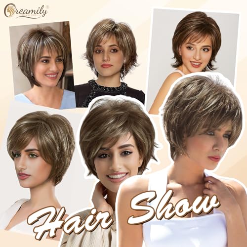 creamily باروكة شعر قصيرة بيكسي للنساء بلون بني كريمي للرأس بالكامل، باروكة نسائية صناعية بطبقات مع غرة بمظهر طبيعي، باروكة بيكسي بقصة بني ممزوج بالأشقر للنساء للاحتفال بالديوالي/الحفلات/الاستخدام اليومي (9 بوصات) - Image 3