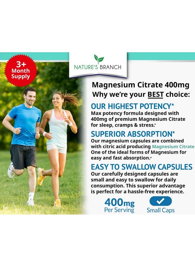 Nature's Branch Magnesium Citrate 400Mg 200 Capsules High Potency For Sleep Leg Cramps Extra Strength Absorption Easy To Swallow Pills For Women & Men Vegan Supplement Not Tablets Made In Usa - Image 3