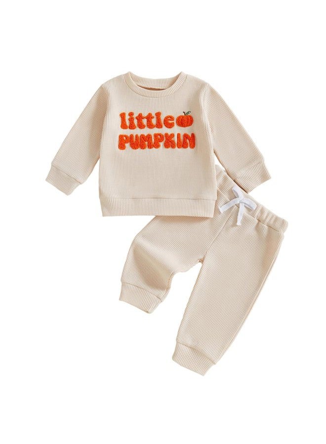 Nibbcoa Toddler Baby Boy Girl Halloween Outfit Little Pumpkin Embroidery Waffle Knit Sweatshirt Pants Set Cute Fall Clothes, Apricot, 0-6 Months - Image 1