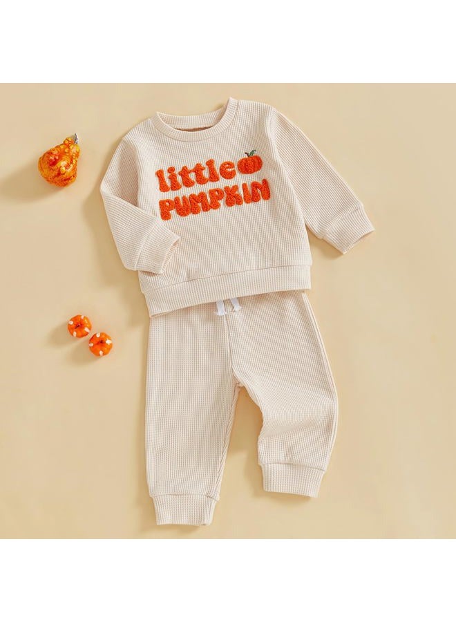 Nibbcoa Toddler Baby Boy Girl Halloween Outfit Little Pumpkin Embroidery Waffle Knit Sweatshirt Pants Set Cute Fall Clothes, Apricot, 0-6 Months - Image 2