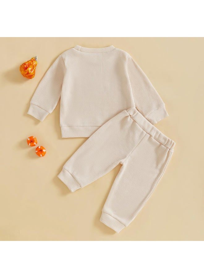 Nibbcoa Toddler Baby Boy Girl Halloween Outfit Little Pumpkin Embroidery Waffle Knit Sweatshirt Pants Set Cute Fall Clothes, Apricot, 0-6 Months - Image 3
