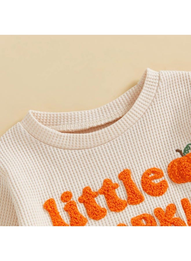 Nibbcoa Toddler Baby Boy Girl Halloween Outfit Little Pumpkin Embroidery Waffle Knit Sweatshirt Pants Set Cute Fall Clothes, Apricot, 0-6 Months - Image 4