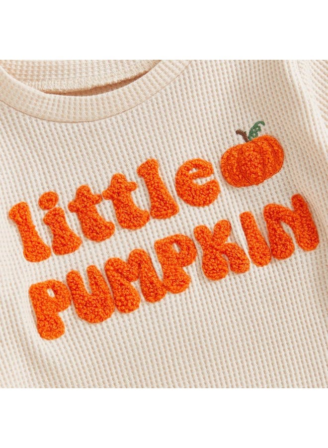 Nibbcoa Toddler Baby Boy Girl Halloween Outfit Little Pumpkin Embroidery Waffle Knit Sweatshirt Pants Set Cute Fall Clothes, Apricot, 0-6 Months - Image 5