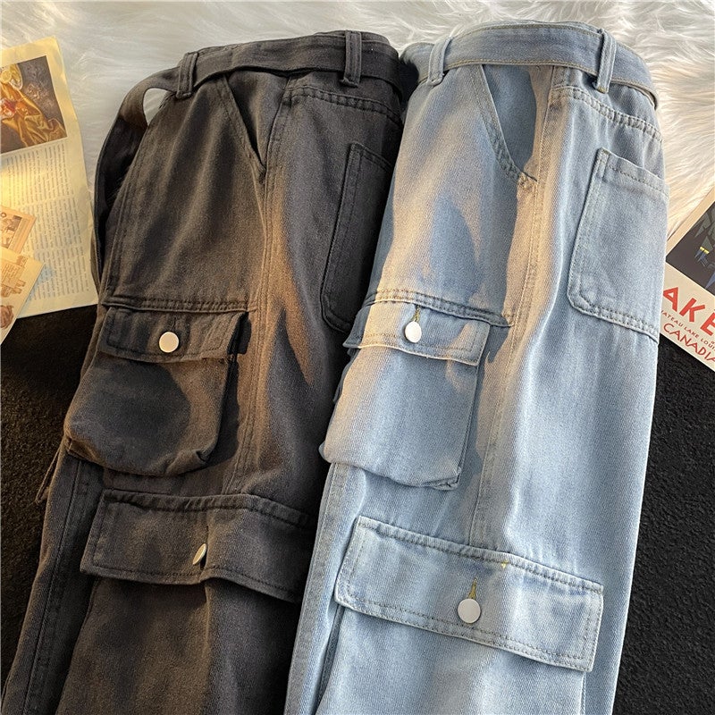 Trendy Multi-Pocket Jeans Mens Trendy Brand ins Hong Kong Style Work Pants Autumn and Winter High Street Loose Wide-Leg Pants Black - Image 4