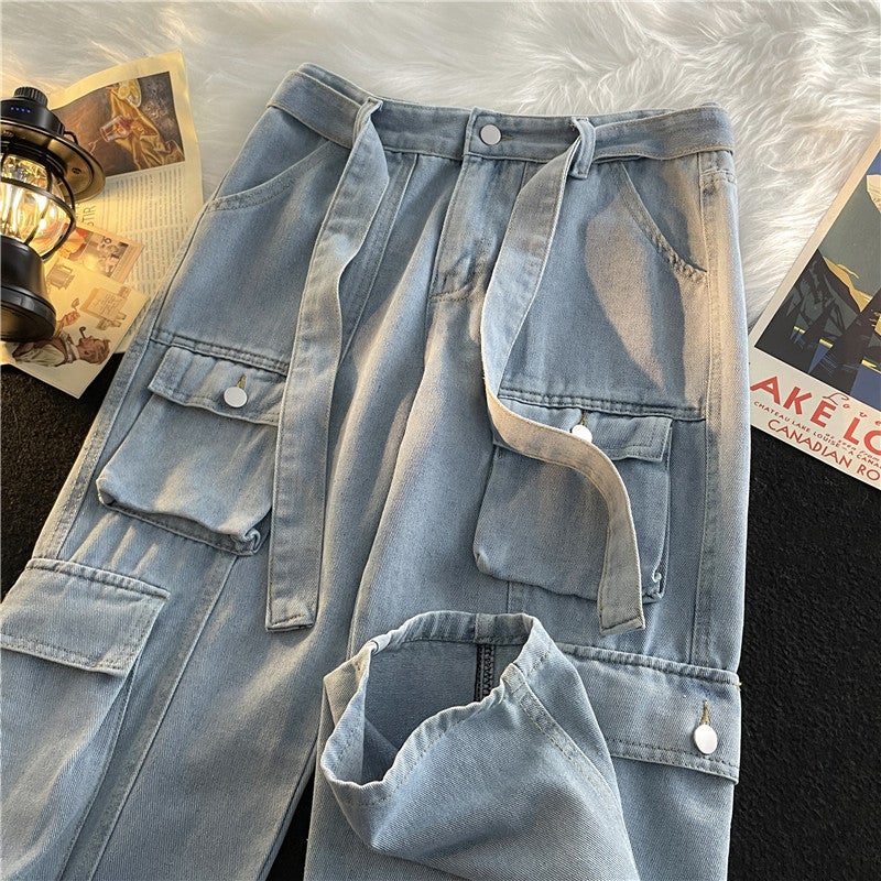 Trendy Multi-Pocket Jeans Mens Trendy Brand ins Hong Kong Style Work Pants Autumn and Winter High Street Loose Wide-Leg Pants Black - Image 5