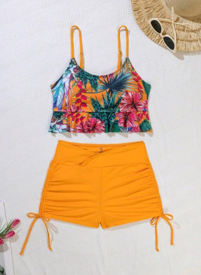 شي إن طقم ملابس سباحة تانكيني بطبعة استوائية وحمالات رفيعة من SHEIN، لقضاء عطلة على الشاطئ - Image 2