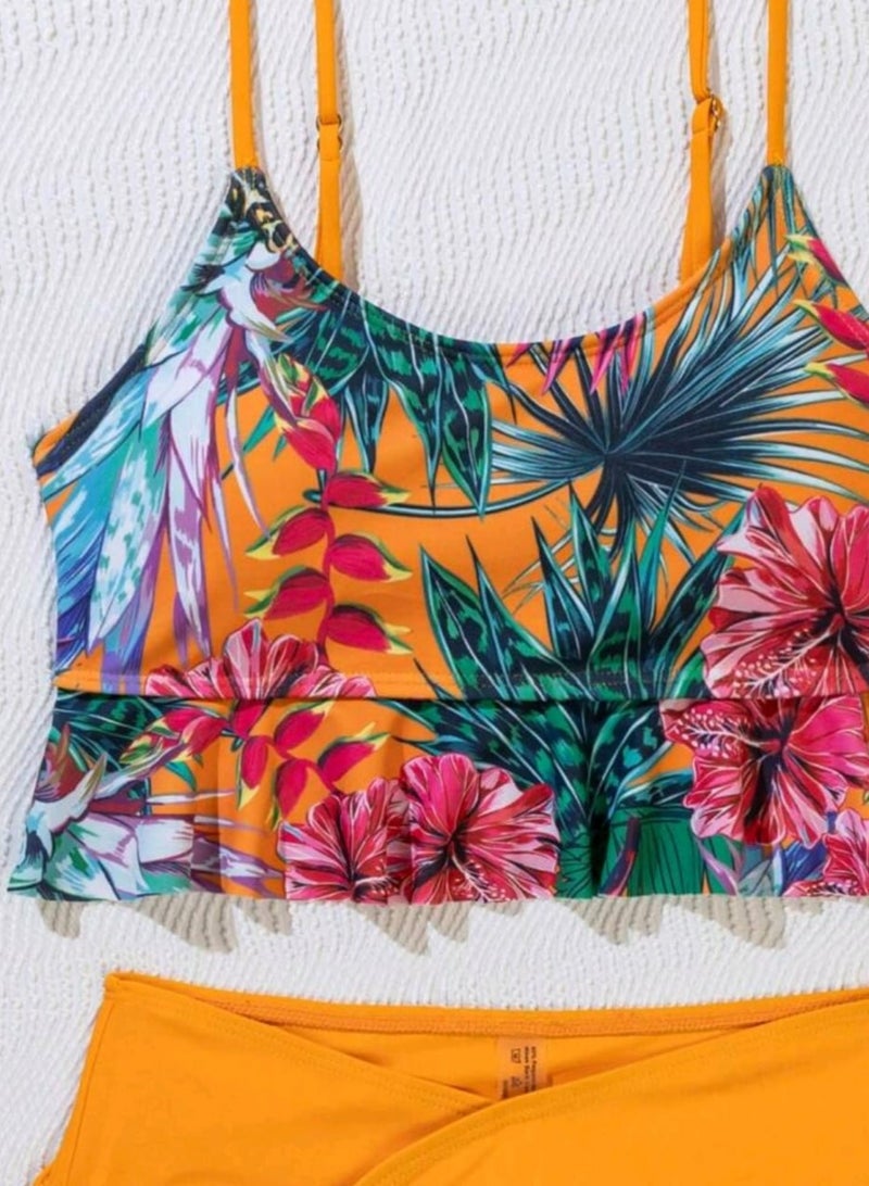 شي إن طقم ملابس سباحة تانكيني بطبعة استوائية وحمالات رفيعة من SHEIN، لقضاء عطلة على الشاطئ - Image 4
