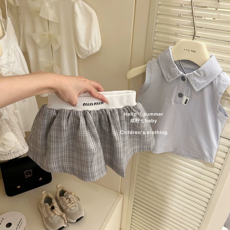 Korean Style Girls Sleeveless Shirt Two-piece suit 2025 New Spring Baby Girl College Style Trendy Skirt suit Blue and gray vest + plaid culottes