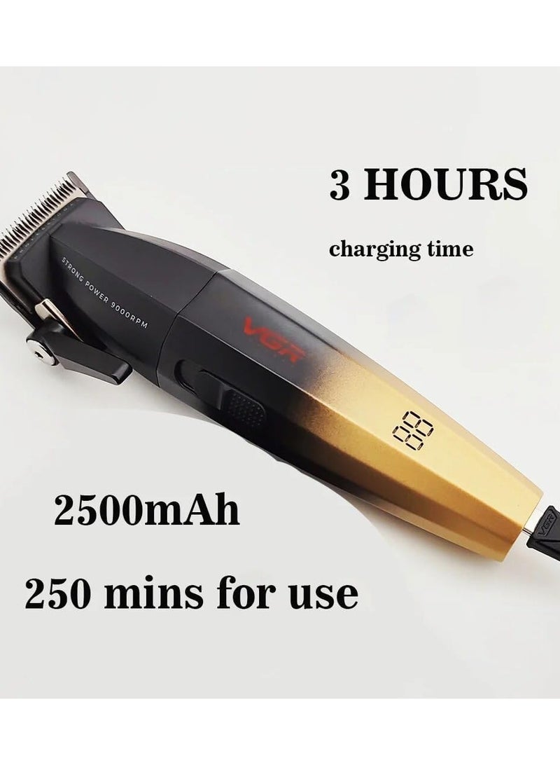 في جي آر V-003 ماكينة حلاقة شعر احترافية عالية الجودة 9000RPM بسرعتين بطبقة مسحوق سيراميك وشفرة معدنية وشاشة رقمية وبطارية 2500mAh و4 ذراع تدرج قابلة للتعديل و6 مشط توجيه (ذهبي) - Image 4