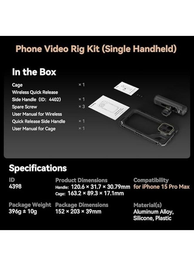 SMALLRIG - Single Handheld Phone Cage Kit for iPhone 15 Pro, Mobile Video Rig Cage Kit with Wireless Quick Release Handle for Video Recording/YouTube/Live Streaming/Vlog - 4398 - Image 1