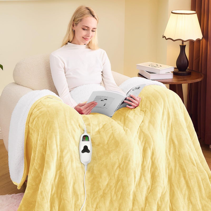 greenoak Heated Blanket Electric Twin 62"X84", Heating Blankets with 10 Levels 8 Hours Auto-Off, Soft Flannel Sherpa Fluffy House Warming Gifts for Grandma Seniors Mom,Cream Yellow - Image 1