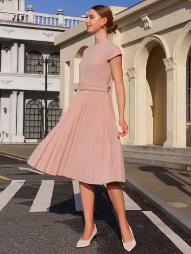 Hobemty Women's Pleated Dress Mock Neck Cap Sleeve Belted A-Line Dresses Large Pink - Image 3