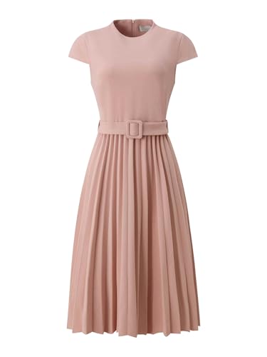 Hobemty Women's Pleated Dress Mock Neck Cap Sleeve Belted A-Line Dresses Large Pink - Image 1
