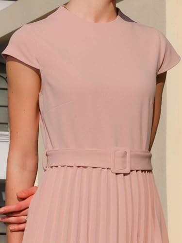 Hobemty Women's Pleated Dress Mock Neck Cap Sleeve Belted A-Line Dresses Large Pink - Image 4