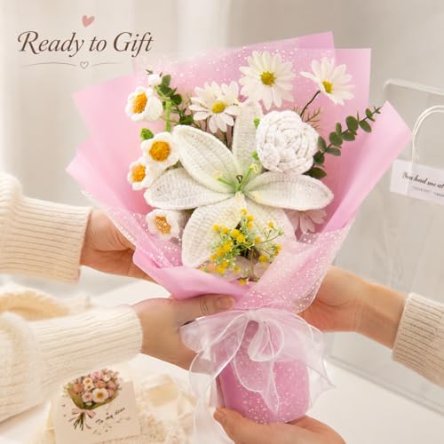 HUEHUG Crochet Flowers Bouquet, Handmade Crochet Flower Bouquet with White Lily & Roses, Forever Flowers Gift for Mom, Mother’s Day Birthday Graduation Gift(Include Gift Bag & Card) - Image 4