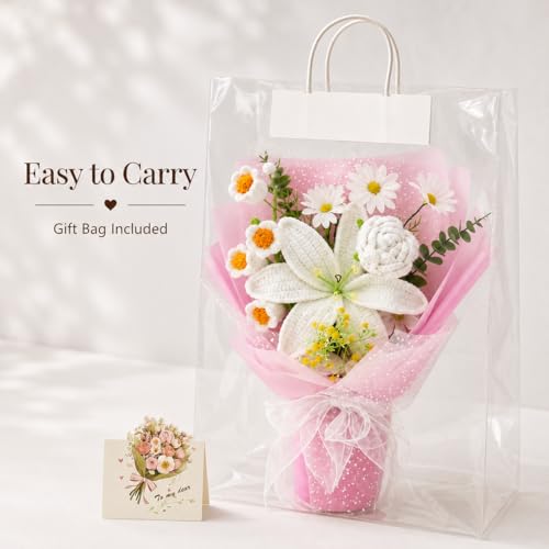 HUEHUG Crochet Flowers Bouquet, Handmade Crochet Flower Bouquet with White Lily & Roses, Forever Flowers Gift for Mom, Mother’s Day Birthday Graduation Gift(Include Gift Bag & Card) - Image 3