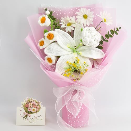 HUEHUG Crochet Flowers Bouquet, Handmade Crochet Flower Bouquet with White Lily & Roses, Forever Flowers Gift for Mom, Mother’s Day Birthday Graduation Gift(Include Gift Bag & Card) - Image 1