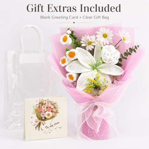 HUEHUG Crochet Flowers Bouquet, Handmade Crochet Flower Bouquet with White Lily & Roses, Forever Flowers Gift for Mom, Mother’s Day Birthday Graduation Gift(Include Gift Bag & Card) - Image 2